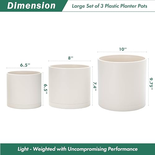 D'vine Dev 3-Pack Plastic Pots & Saucers, 6.5/8/10 in, Oatmeal, 74-V-H-4 | Multi-Size Options, Lightweight Durable, Matte Finish, Cylinder Shape, Drainage Holes, Sleek Design, Detachable Saucer - color: Oatmeal, size: Large