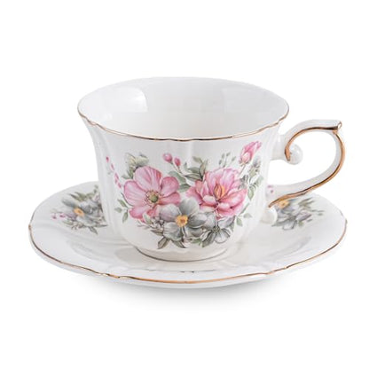 Ceramic Floral Cups with Saucers，7 oz Espresso Cups for Latte Coffee Cafe, Cappuccino and Tea (1, Pink flowers) - color: Pink Flowers