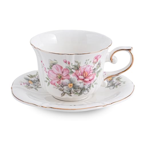 Ceramic Floral Cups with Saucers，7 oz Espresso Cups for Latte Coffee Cafe, Cappuccino and Tea (1, Pink flowers) - color: Pink Flowers