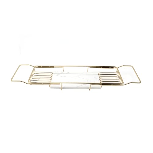Marhynchus Metal Marble Bathtub Rack, Bathtub Caddy Tray Stainless Steel Shower Caddy Tray with Extending Sides, Bathroom Trays (Gold White) - size: Gold White