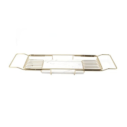 Marhynchus Metal Marble Bathtub Rack, Bathtub Caddy Tray Stainless Steel Shower Caddy Tray with Extending Sides, Bathroom Trays (Gold White) - size: Gold White