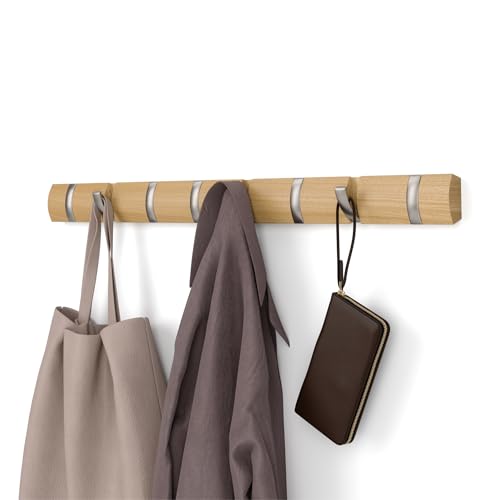 Umbra Flip Coat Rack, Wall Mount 8-Hook, Space Saving, Natural/Nickel | Real wood and steel build, retractable hooks fold flat, holds coats bags and scarves, easy install - color: Natural/Nickel, size: 8-Hook