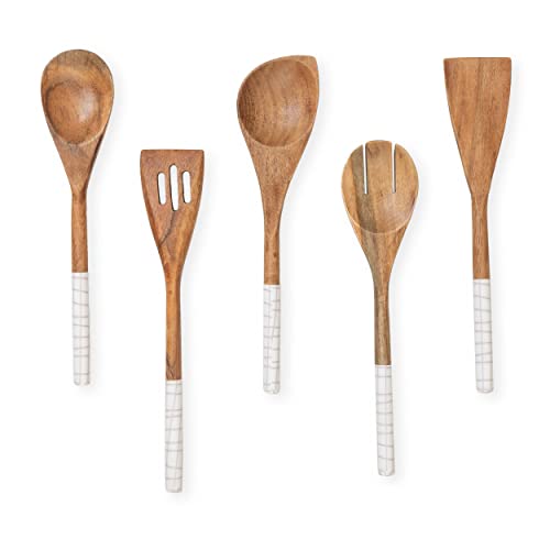 Folkulture Wooden Spoons for Cooking,Kitchen Utensils Set of 5(12") | Smooth Finish, Soft, Comfort, Durable, Non Toxic, Non Stick, Acacia Wooden Spoons, Cooking Gifts for Women,Kitchen Essentials - color: White Check