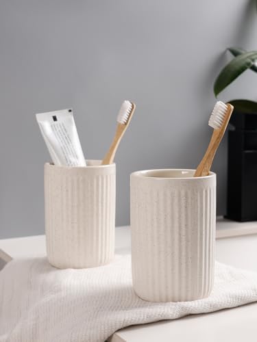 Bosilunlife Soap Dispenser and Toothbrush Holder Set - 11Oz Foam Soap Dispenser Pump Ceramic Bathroom Counter Soap Toothbrush Holder Set Beige Bathroom Accessories Set - color: Beige-cylindrical Stripes Foam