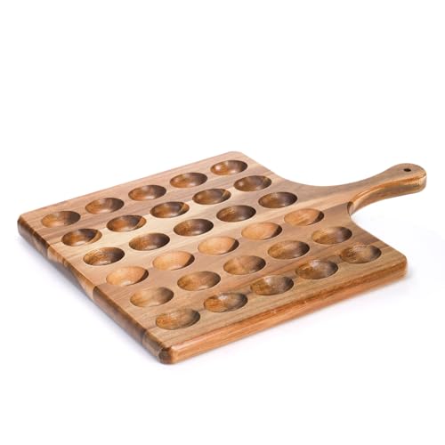 Okllen 30 Holes Reversible Wooden Deviled Egg Platter with Handle, Acacia Wood Deviled Egg Tray Charcuterie Board, Deviled Egg Holder, 17"x13"