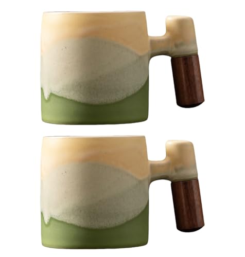 2-Oz Ceramic Espresso Cups with Wood Handle, 2/4-Piece Set for Coffee, Tea, Latte - Dishwasher Safe, Multi-Color & Wood Styles, Gift & Café Use(Kiln turning green, Wooden Handle2) - color: Kiln turning green, size: Wooden Handle2