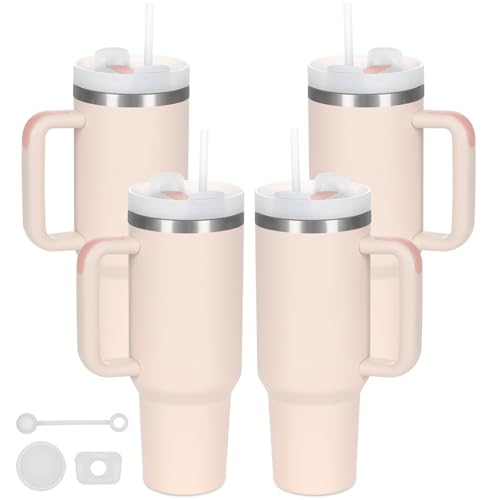 4 Pack 40 Oz Tumbler with Handle Bulk, Double Wall Vacuum Insulated Stainless Steel Tumbler with Lid and Straw, 40 oz cup with Silicone Spill Proof Stopper Set (Rose Quartz) - color: Rose Quartz