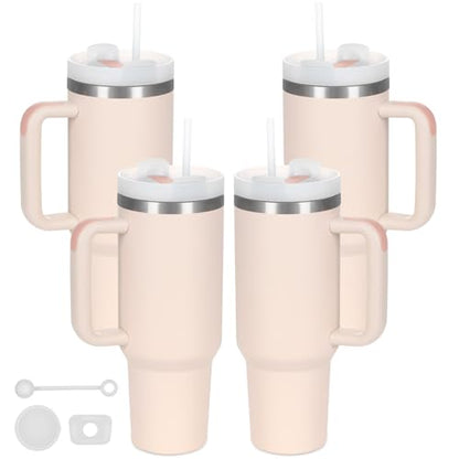 4 Pack 40 Oz Tumbler with Handle Bulk, Double Wall Vacuum Insulated Stainless Steel Tumbler with Lid and Straw, 40 oz cup with Silicone Spill Proof Stopper Set (Rose Quartz) - color: Rose Quartz