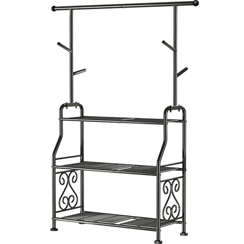 GIOTORENT Plant Stand Indoor, 3-Tier Heavy Duty Metal Shelf for Patio & Indoor, Tall Plant Holds 14+ Plants with 5 Hooks, Rust-Proof Plant Holder for Garden, Balcony, Living Room, Black - size: B-3Tier-Hanger