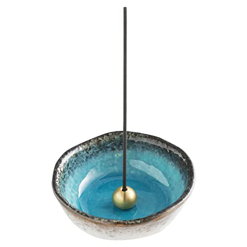 Asayu Japanese Small Mini Incense Holder for Sticks 3.3 inch (83mm), Made in Japan Ceramic Ash Catcher and Brass Incense Burner Set for Yoga, Meditation (Small Mini Nature Ocean Blue Holder) - color: Small Mini Nature Ocean Blue Holder, size: 8.3 cm