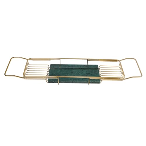 Expandable Stainless Steel Bathtub Caddy Tray, Adjustable Over Tub Rack Marble Board Anti-Slip Groove Raised Guardrail Modern Bath Organizer for Home Hotel Bathroom Use (Gold + Green) - color: Gold + Green