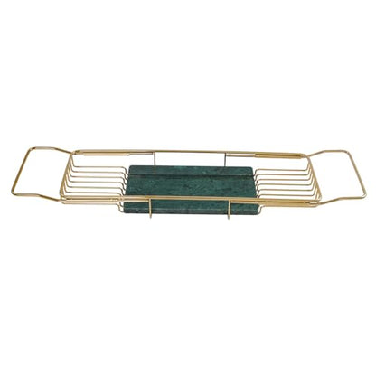Expandable Stainless Steel Bathtub Caddy Tray, Adjustable Over Tub Rack Marble Board Anti-Slip Groove Raised Guardrail Modern Bath Organizer for Home Hotel Bathroom Use (Gold + Green) - color: Gold + Green