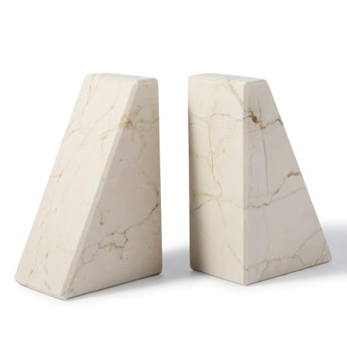Marble Bookends for Shelves, Large Bookends for Heavy Books, Non-Slip Heavy Duty Book Stopper for CD/Movies, Aesthetic Decorative Bookends for Shelves Table Home Decor(Beige) - color: Trapezoid-beige
