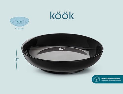 KooK Pasta Bowls Set of 6, Salad Bowl, Large, Ceramic, Microwave and Dishwasher Safe, Great for Soups and Salads, Shallow Serving Bowls, Glossy Porcelain, 32 oz, (Black) - color: Black