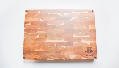 KANKA Acacia Wood Cutting Board Reversible – 19 x 14 Extra Large End Grain Butcher Block with Juice Groove, Non-Slip Feet & Built-In Handles – Ideal Wooden Cutting Board for Meat & Chopping