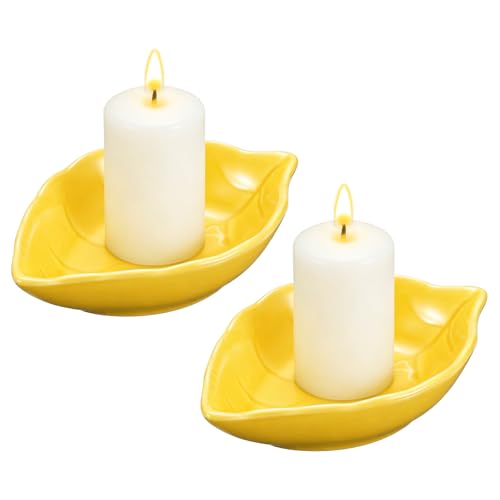 uxcell 2Pcs Ceramic Candle Holder Plates, 4.3 x 3'' Leaf Shaped Candlestick Holder Decorative Dish Small Candle Plate for Tea Light Aromatherapy Wedding Rustic Vintage Home, Yellow - color: Yellow