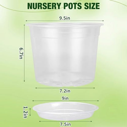 10 Inch Clear Nursery Pots with Drainage Holes and Saucers, 5 Pack Large Clear Pots for Plants Variety Pack, Seedling Pots for Succulents, Herbs, Flowers, Vegetables - size: 10 inch