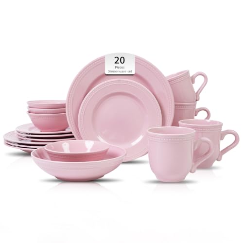 HomeVSS 20-Piece Pearl Dots Stoneware Dinnerware Set, Pink, Service for 4 | plates and bowls sets，dinnerware sets for 4,Pearl Dots Dinnerware，Microwave and Dishwasher Safe - color: Pink, size: 20pc Set