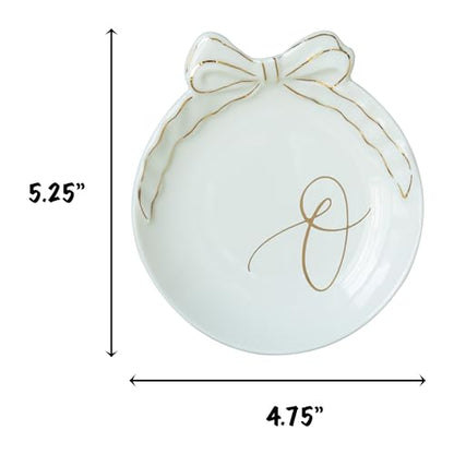 COLLECTIVE HOME Ceramic Jewelry Tray, Monogram Trinket Dish with Bow (A) | Mothers Day Graduation Christmas Birthday Gifts for Women, Bridesmaid Proposal Gifts, Features Real Gold Trim & Gift Box - color: O