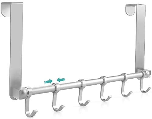 MGahyi Over The Door Hooks, Moving 6-Hooks,Over Door Towel Rack,Door Coat Hanger, Upgraded Long Arms for Bathroom Accessories (Silver) | 6 Sliding Adjustable Hooks, Aluminum Sturdy Rustproof, No-Drilling Anti-Scratch, for Bathroom Bedroom Closet - color: