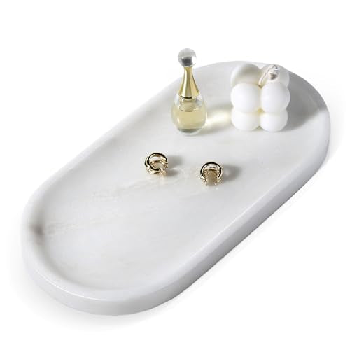 African Natural White Marble Decorative Tray, 10" x 5" Marble Vanity Tray for Bathroom Countertop Organizer Stone Trays, Catchall Tray for Perfume, Candles, Jewelry (Namib Bianco White) - color: Namib Bianco White