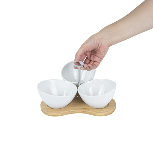 Restaurantware-15 Ounce Bowl Set with Tray - 1 Dishwashable Serving Set, Includes 3 Porcelain Bowls And 1 Bamboo Tray, Durable, White Porcelain And Bamboo Bowl And Platter Kit, Reusable, Freezable - size: Triple set, style: Incline