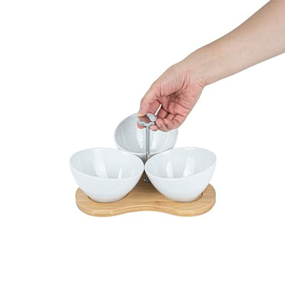 Restaurantware-15 Ounce Bowl Set with Tray - 1 Dishwashable Serving Set, Includes 3 Porcelain Bowls And 1 Bamboo Tray, Durable, White Porcelain And Bamboo Bowl And Platter Kit, Reusable, Freezable - size: Triple set, style: Incline