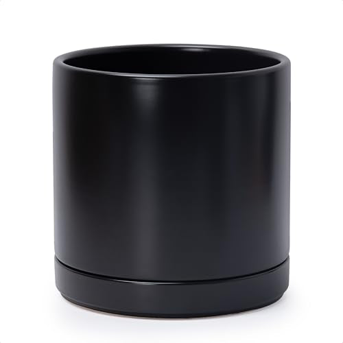 D'vine Dev 10 Inch Ceramic Planter Pot, Black, 94-O-E-2 | Modern Cylinder Design, Drainage Hole & Saucer Included, Stable Structure, Elegant Home Accent - color: Black, size: Large