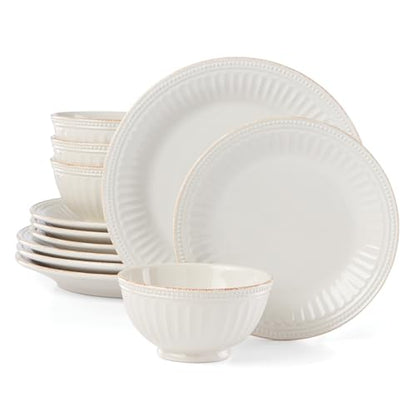 Lenox French Perle Groove White Dinnerware Set with Accent Plates | dishwasher safe, microwave safe | includes dinner plates, accent plates, and bowls | kitchen and dining essential - style: 12-Piece Place Setting