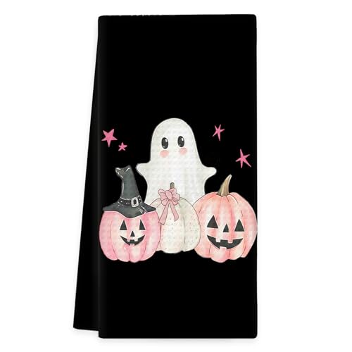 Black Halloween Ghost Kitchen Towels, Ghost Pink Pumpkin Hand Towels, Halloween Pink Ghosts Preppy Pumpkin Dish Tea Towel for Kitchen Decorative, BlackHalloween Bathroom Decor, 16x24In - color: Ghost Pumpkin