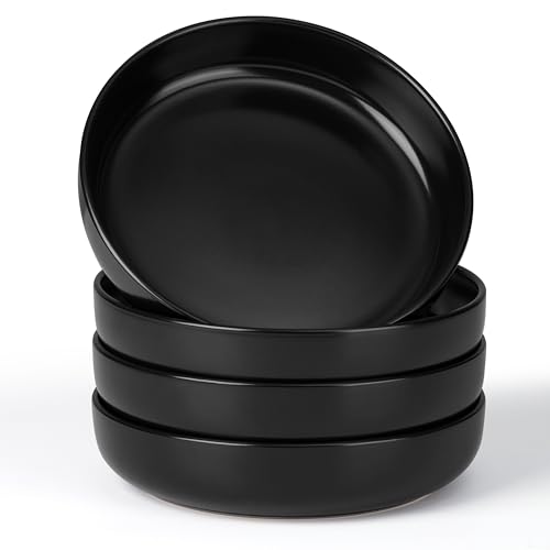 E-far Stoneware Pasta Bowls Set of 4, 35oz Double Reactive Black Glaze | Wide & Shallow Ceramic Pasta Plates for Serving Salad Soup Dinner, Dishwasher & Microwave Safe, Matte Black - color: Matte Black