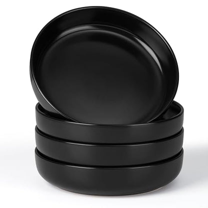 E-far Stoneware Pasta Bowls Set of 4, 35oz Double Reactive Black Glaze | Wide & Shallow Ceramic Pasta Plates for Serving Salad Soup Dinner, Dishwasher & Microwave Safe, Matte Black - color: Matte Black