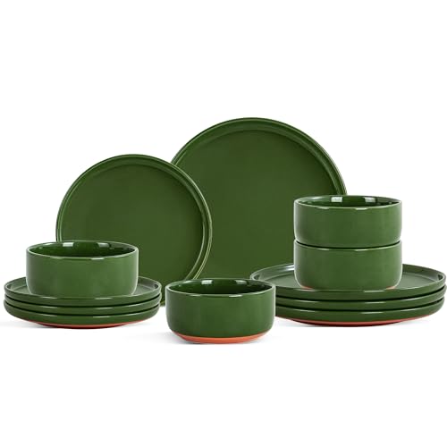 12 Piece Ceramic Plates and Bowls Sets for 4, Elegant Green | Stoneware Dinnerware Set, Dishwasher & Microwave Safe, Handcrafted, Perfect for Family and Gatherings - color: Green, size: Service for 4(12PCS)