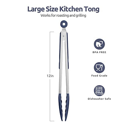 U-Taste 600ºF High Heat 12in Silicone Kitchen Tong and 600ºF Heat Resistat Spatula Spoon Flexible Silicone Cooking Scoop Spoonula (Midnight Blue)