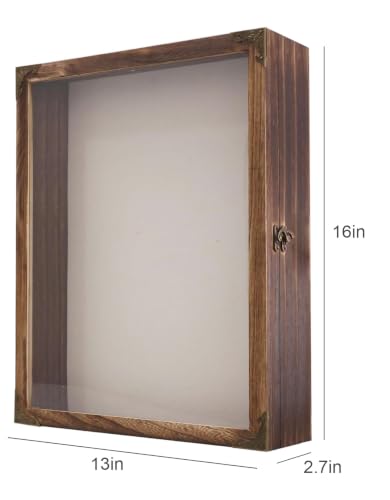 Shadow Box Frame 13x16, Large Memory Display Case with Retro Metal Corner Accents, Carbonized Wood Frame, Linen Back, and 10 Wooden Push Pins for Photos, Medals, Wedding Memory, and Keepsakes