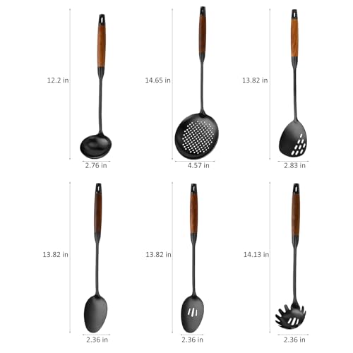 Izurok 18/10 Stainless Steel Kitchen Utensils Set,6 Piece Cooking Utensils With Wood Handle,Heat Resistant Kitchen Tool Set With Spatula, Spoon, Ladle, Skimmer, Slotted Spoon, Pasta - color: BLACK-6 Pieces, size: Small