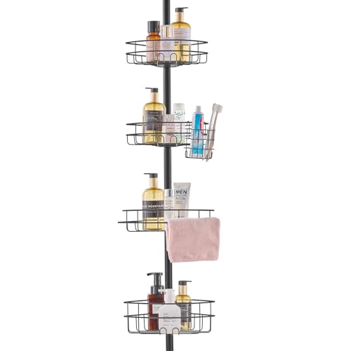 VEVOR Corner Shower Caddy Tension Pole, 4 Tier Adjustable Rustproof Organizer Shelves for Bathroom & Washroom, 42-114inch High, Black - color: Black