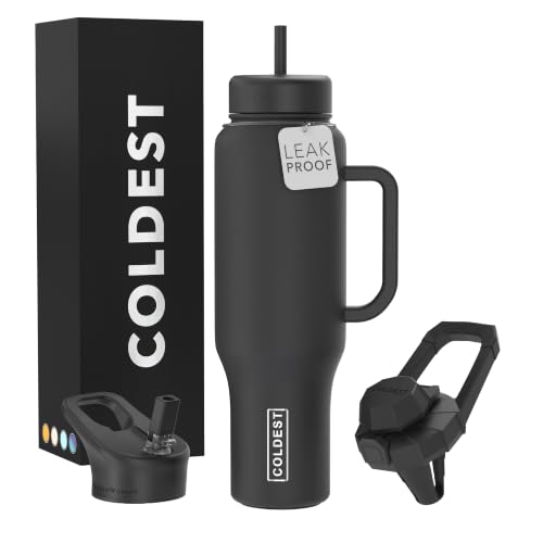 Coldest Tumbler with Handle and Straw - 100% Leak Proof Insulated Tumbler with Lid and Straw (3 Lids) - Stainless Steel Tumblers for Women & Men - Cup Holder Friendly Base, 46 oz (Stealth Black) - color: Stealth Black, size: 46 oz
