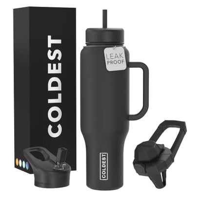 Coldest Tumbler with Handle and Straw - 100% Leak Proof Insulated Tumbler with Lid and Straw (3 Lids) - Stainless Steel Tumblers for Women & Men - Cup Holder Friendly Base, 46 oz (Stealth Black) - color: Stealth Black, size: 46 oz