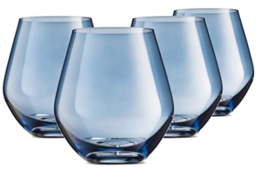 Godinger Wine Glasses, Stemless Wine Glasses, Red Wine Glasses, Drinking Glasses, European Made Stemless Wine Glass - Blue, 17oz, Set of 4 - color: Blue