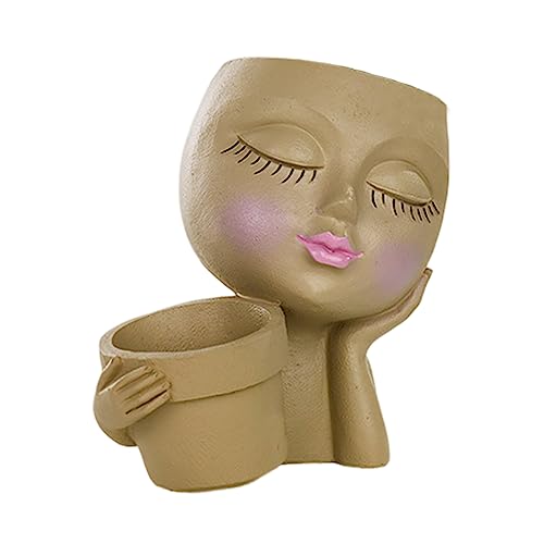 Face Planter Pot, Lady Head Planter with Drainage Holes, Khaki | Dual-compartment lady head planter with drainage holes for succulents, cactus, and air plants - color: Khaki