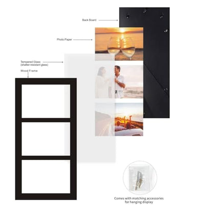 5x7 3-Opening Collage Picture Frame Black Wood | Shatter-resistant glass, tabletop stand & wall mounting, for 5x7 inch pictures - size: 5x7 - 3 Opening