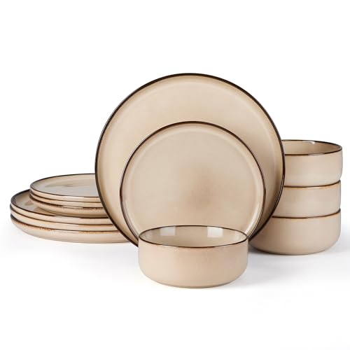E-far 12-Piece Plates and Bowls Set, Stoneware Dinnerware Sets for 4, Reactive Glaze Ceramic Dinning Ware Dishes, Microwave & Dishwasher Safe - Sandy Beige - color: Sandy Beige, size: Service for 4