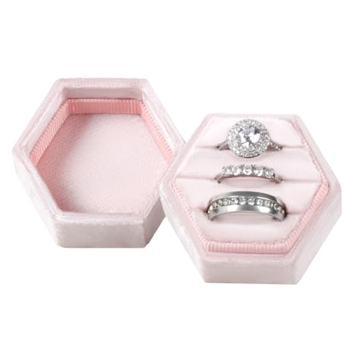MFXIP Velvet 3 Slots Jewelry Ring Box Engagement Wedding Box Keepsake Box Bridal Photo Ring Triple Slots Hexagon - color: Light Pink