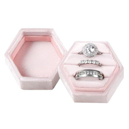 MFXIP Velvet 3 Slots Jewelry Ring Box Engagement Wedding Box Keepsake Box Bridal Photo Ring Triple Slots Hexagon - color: Light Pink