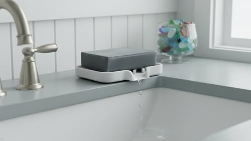 Silicone Soap Dish Tray and Sponge Holder with Drain Chute and Feet | 3-Way Sloped Design | Bathroom and Kitchen Sink Organizer Caddy (Light Grey, 5"x4", 3.5 Ounces) - color: Light Grey, size: 5"x4"