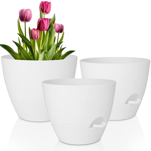 Plant Pots 12/10/9 Inch Self Watering Pots, Set of 3 Plastic Planters with Drainage Holes and Saucers,Plastic Flower Pots,Nursery Planting Pot for Indoor Out Door Plants(Pure White) - color: Pure White, size: 12/10/9 inch