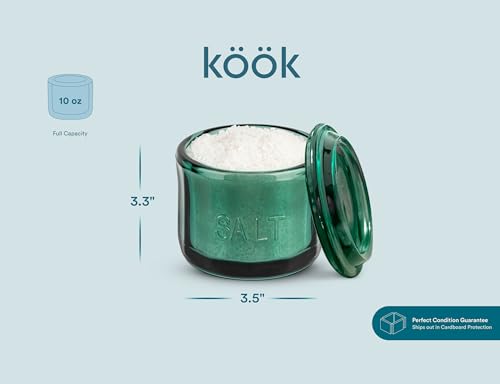 KooK Glass Salt Cellar, with Lid, Embossed Pressed Glass, Clear Storage Container, for Coffee, Sugar, Spices and Candies, 10 oz (Emerald Green) - color: Emerald Green