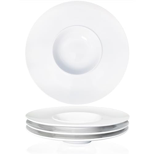 Ceramics Rimmed Soup Bowls 8.8 oz, White 11.6 inch Exquisite small soup plate Set of 4, Pasta plates With Rim is the best choice for hotels, kitchens, fine restaurants and gourmets - color: White, size: 11.6 Inch-8.8 oz