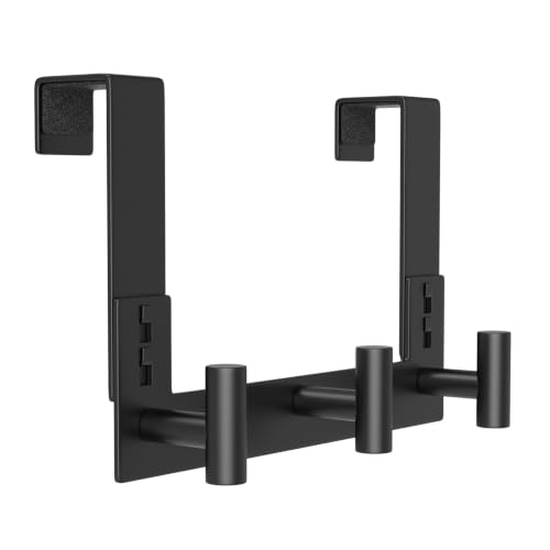 HUFEEOH Over The Door Hooks, Stainless Steel T Shape Non-Slip Door Hanger Rack, Tool-Free Easy Install Towel Coat Organizer Hooks for Bathroom (Fits 1-3/4" Thick Door - 3 "T” Hooks - 1 Pack) - color: Black, size: Fits 1-3/4" Thick Door - 3 "T” Hooks